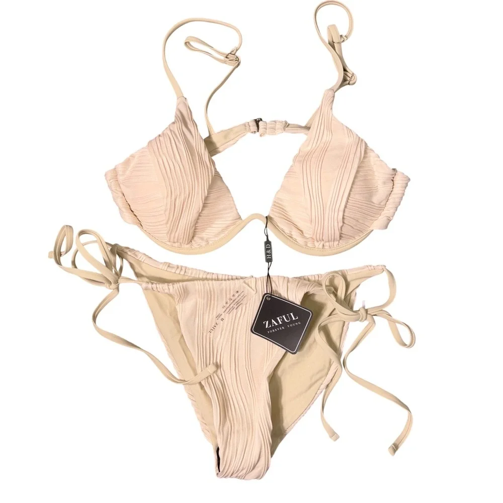 NWT‎ ZAFUL Ribbed Underwire Bikini Set Cream Side Tie Thong Medium
